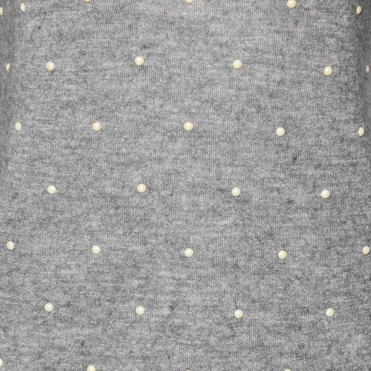 Pre Owned Chanel Grey Pearl Embellished Mohair & Cashmere Long Sleeve Sweater S