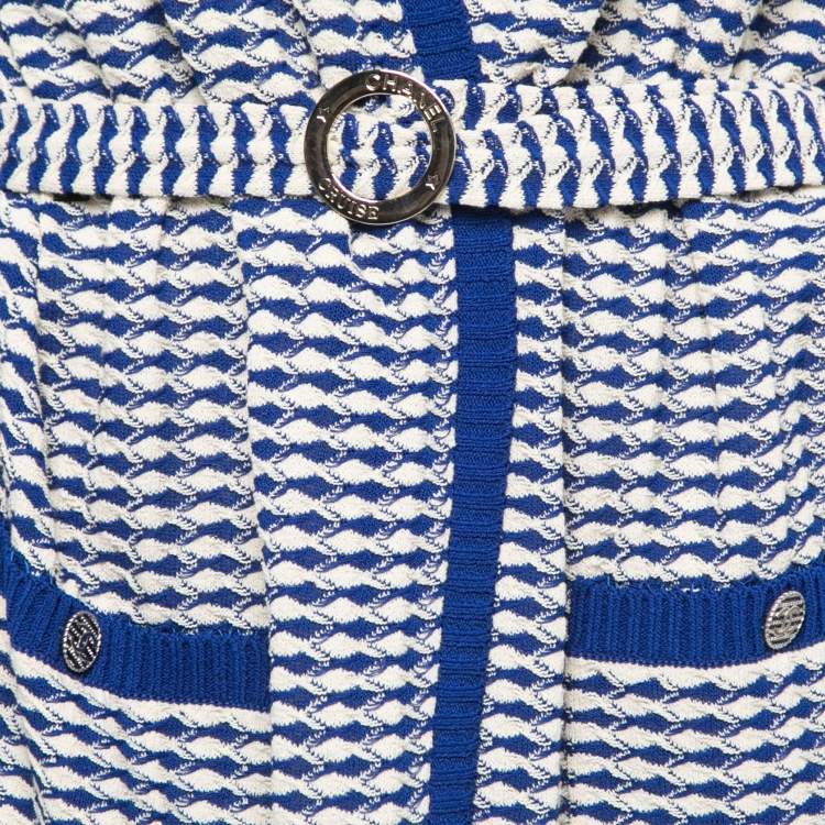 Pre Owned Chanel Blue/White Patterned Knit Sleeveless Belted Long Coat XL