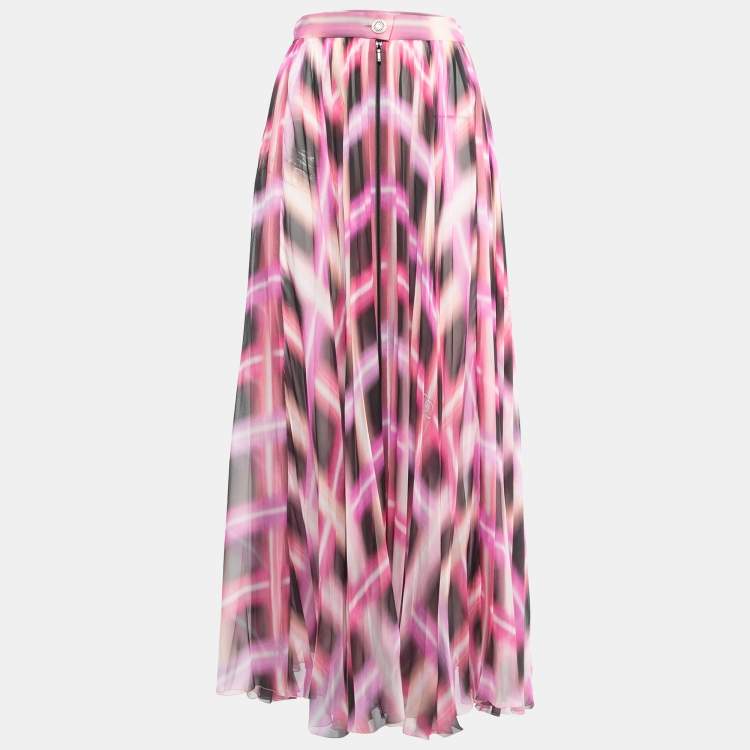Pre Owned Chanel Multicolor Printed Chiffon Silk Zipper Detail Maxi Skirt S