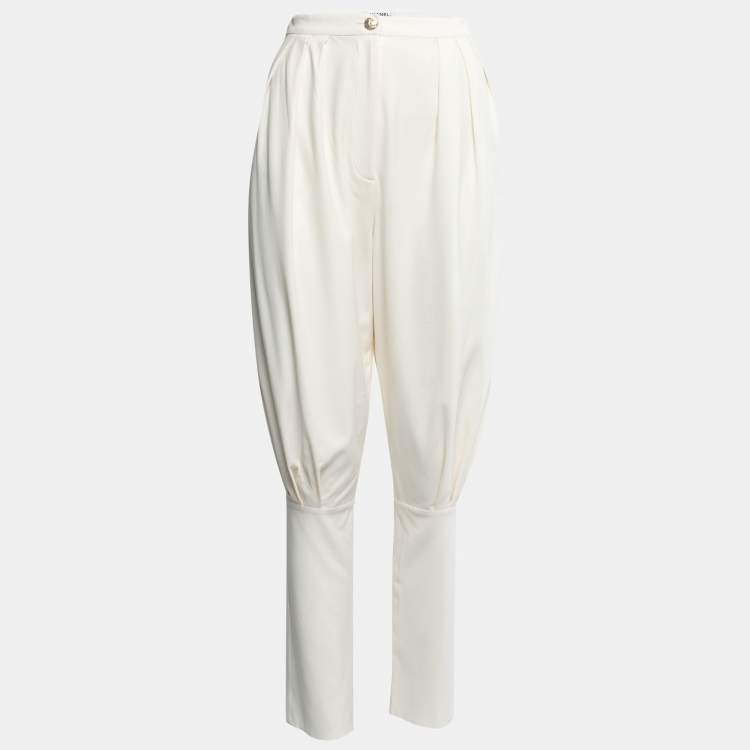 Pre Owned Chanel Cream Stetch Silk Pleated Trousers S