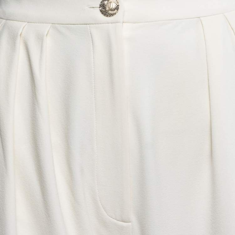 Pre Owned Chanel Cream Stetch Silk Pleated Trousers S