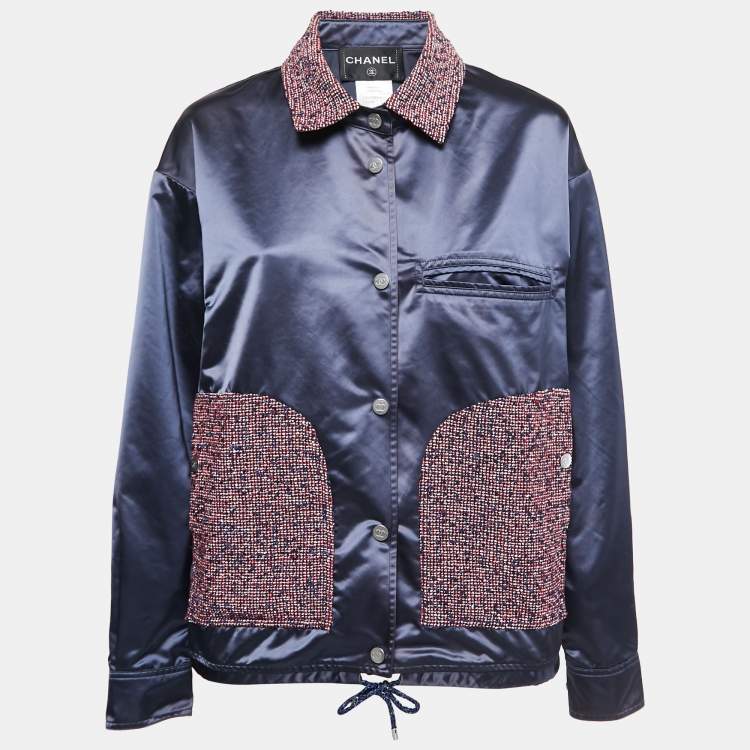 Chanel Blue Nylon and Tweed Button Front Jacket S