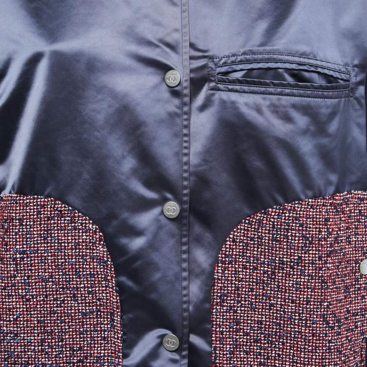 Pre Owned Chanel Blue Nylon and Tweed Button Front Jacket S
