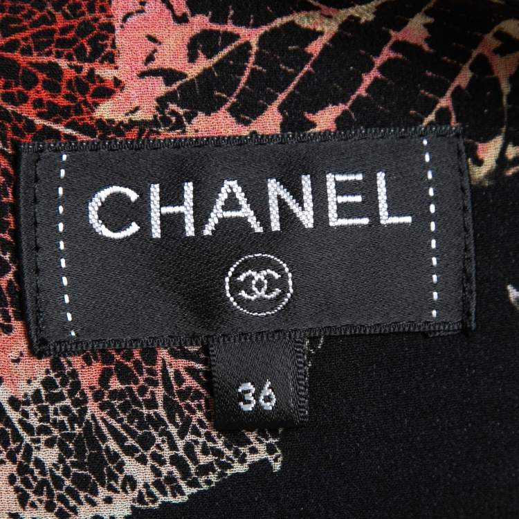 Pre Owned Chanel Black Leaf Printed Chiffon Silk Midi Skirt S