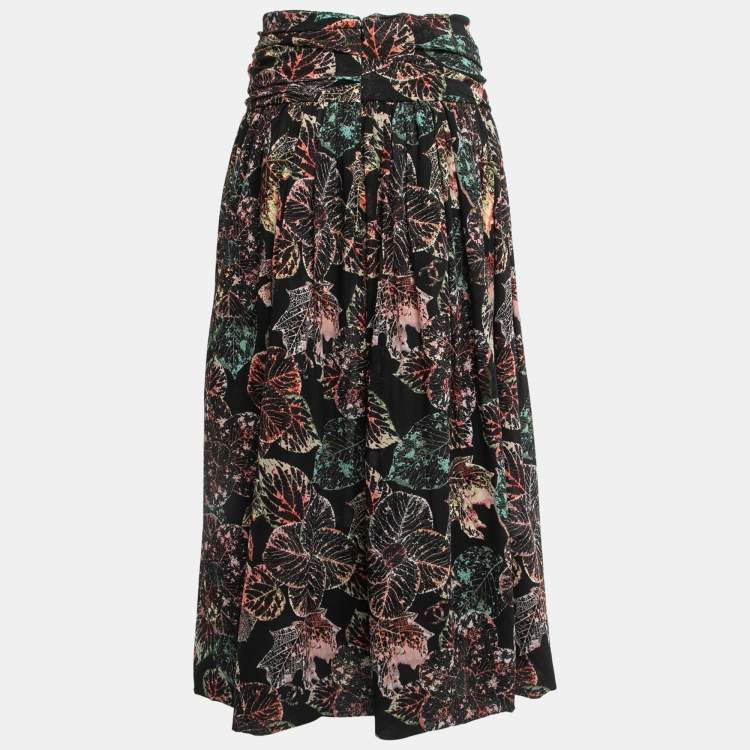 Pre Owned Chanel Black Leaf Printed Chiffon Silk Midi Skirt S