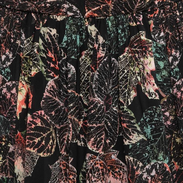 Pre Owned Chanel Black Leaf Printed Chiffon Silk Midi Skirt S