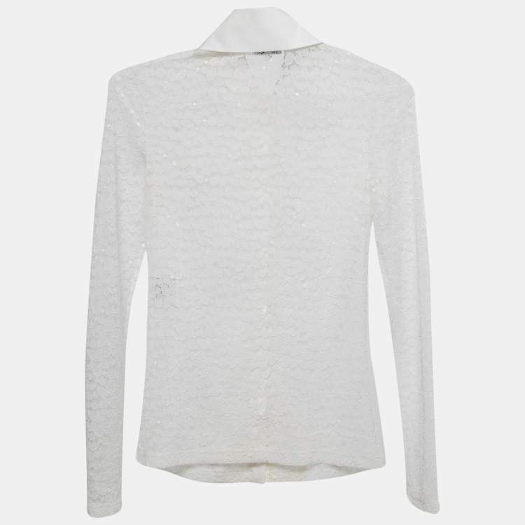 Pre Owned Chanel White Lace Ruffled Blouse S