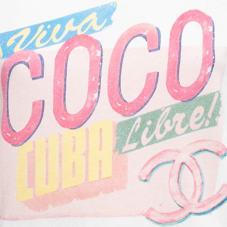 Pre Owned Chanel White Cotton Viva Coco Libre Print T-Shirt XS