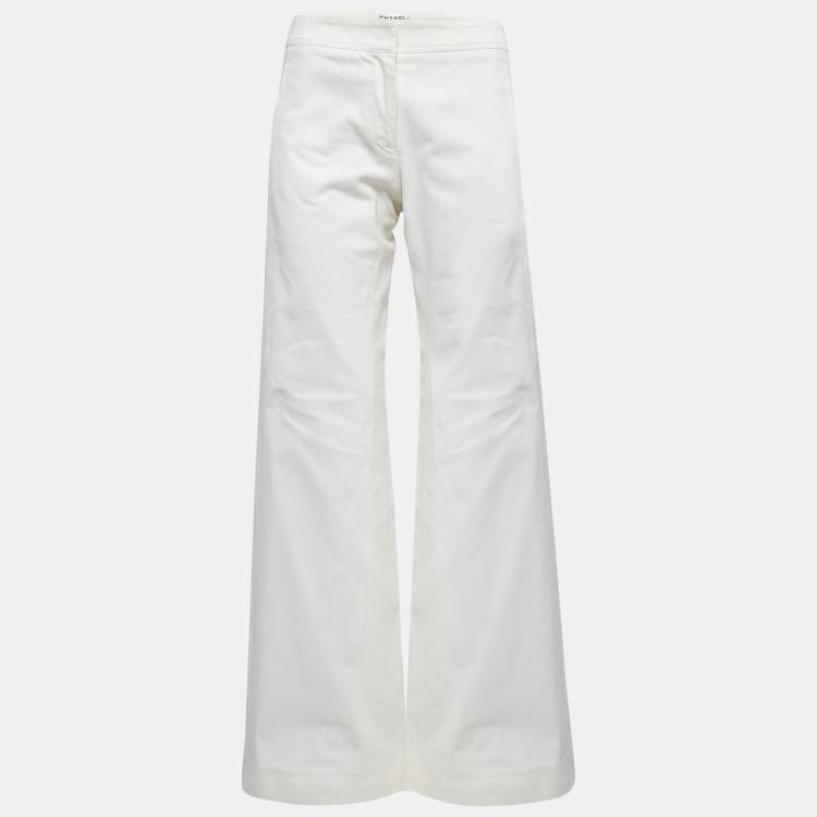 Pre Owned Chanel Off-White Cotton Wide-Leg Trousers M Waist 28"