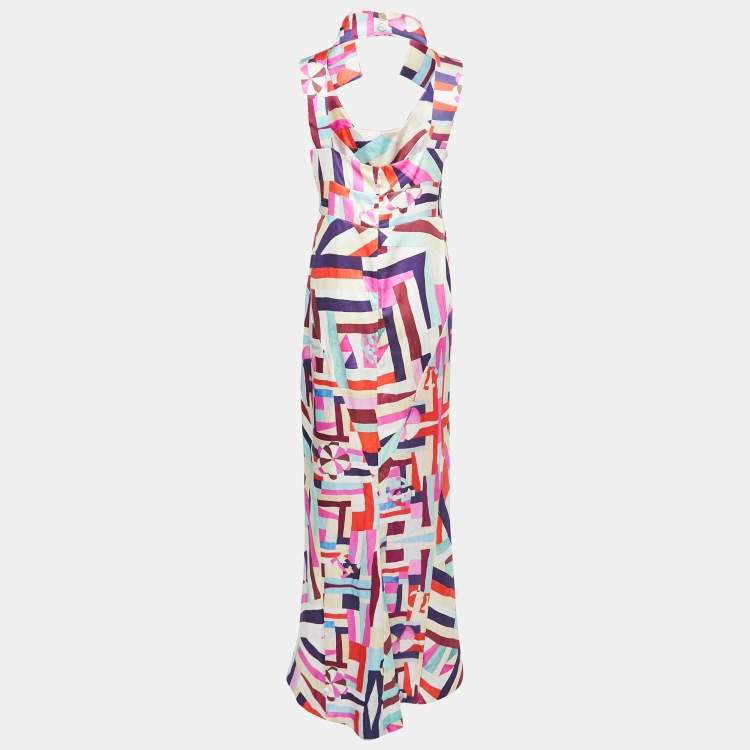 Pre Owned Chanel Multicolor Printed Silk Back Cut Out Sleeveless Maxi Dress M