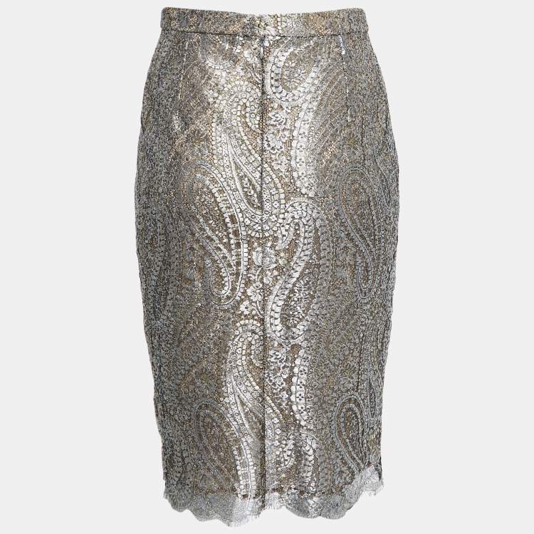 Pre Owned Chanel Gold/Silver Metallic Lace Pencil Skirt S