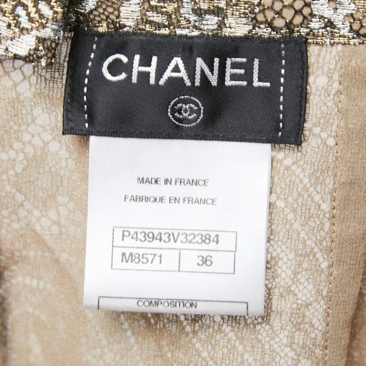 Pre Owned Chanel Gold/Silver Metallic Lace Pencil Skirt S