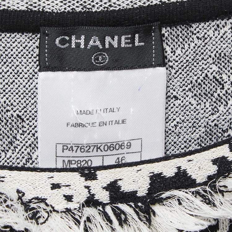 Pre Owned Chanel Black Jacquard Distressed Knit Fringe Detailed Top XL
