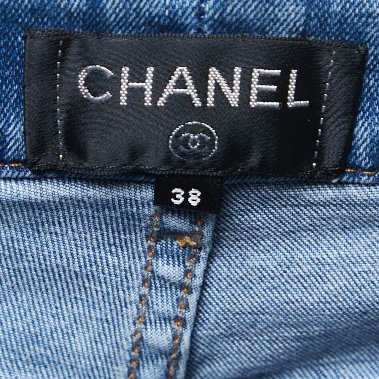 Pre Owned Chanel Blue Chain Print Denim Slim Fit Jeans M Waist 29"