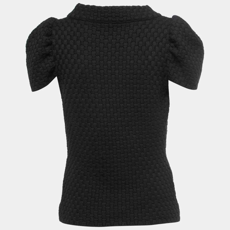 Pre Owned Chanel Black Patterned Wool Knit Cap Sleeve Top M