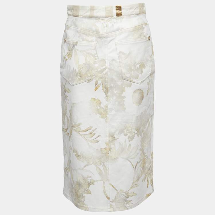 Pre Owned Chanel White Printed Denim Zip Front Midi Skirt M