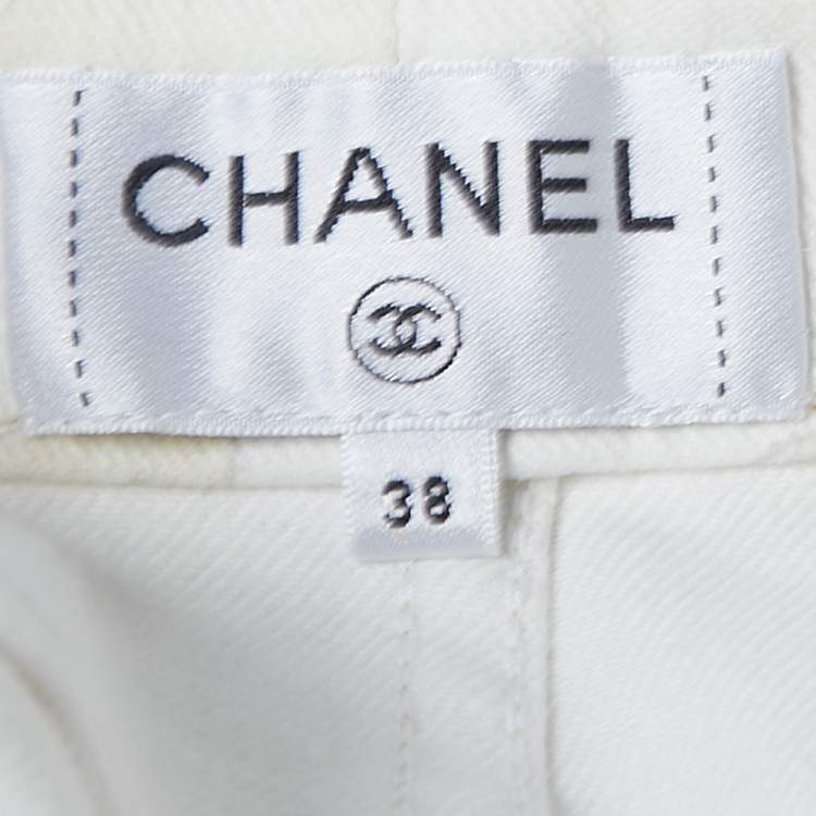 Pre Owned Chanel White Printed Denim Zip Front Midi Skirt M