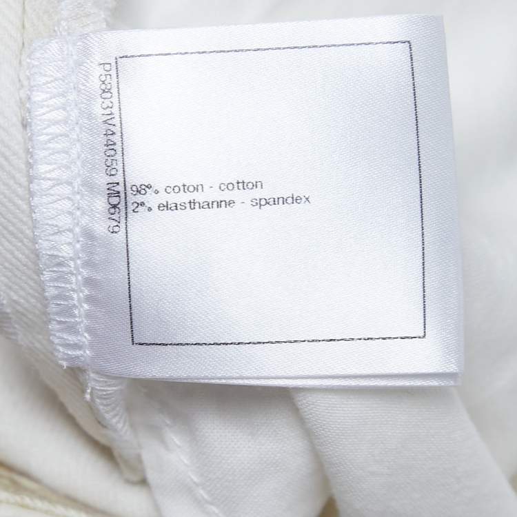 Pre Owned Chanel White Printed Denim Zip Front Midi Skirt M