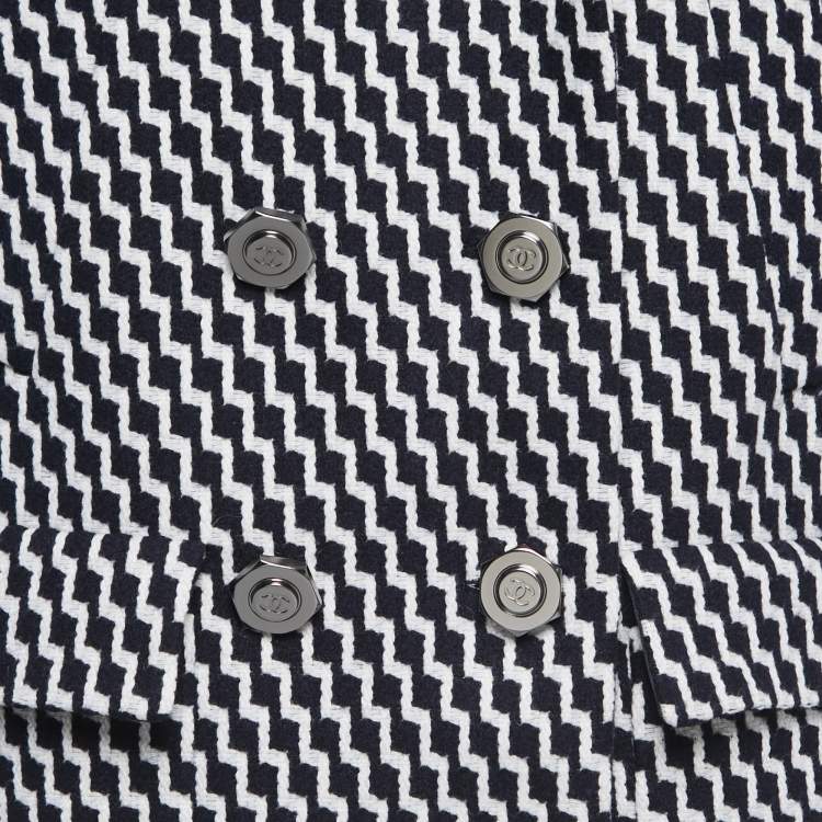 Pre Owned Chanel Black/White Patterned Wool Double Breasted Coat L