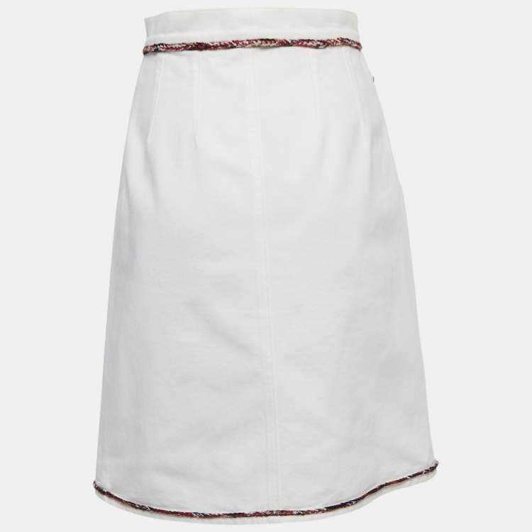 Pre Owned Chanel White Denim Knee Length Skirt S