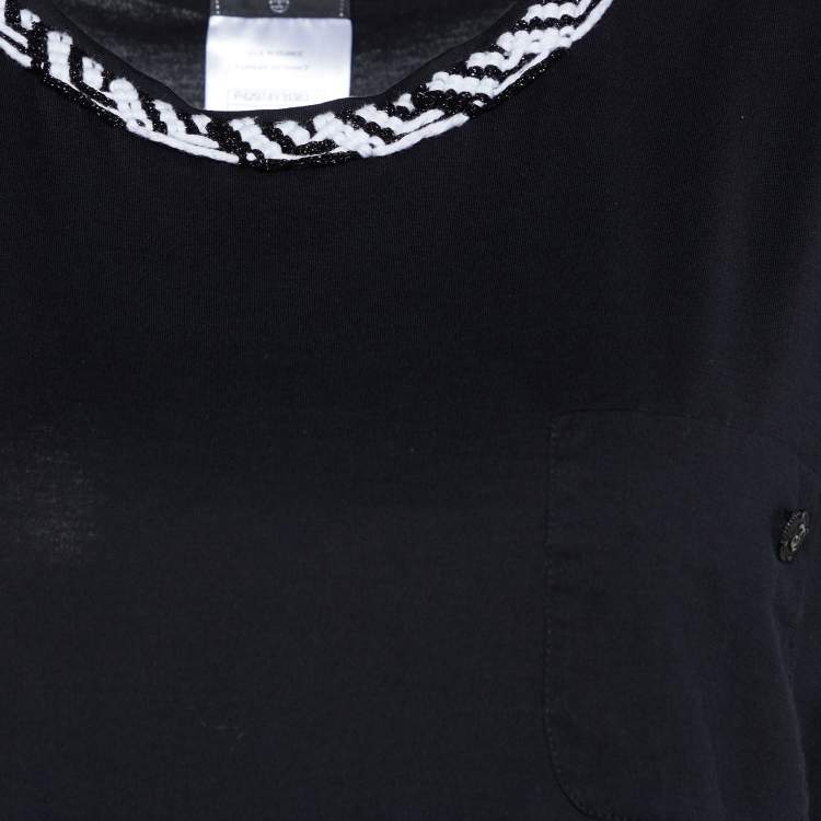 Pre Owned Chanel Black Cotton Knit Neck Trim Detail Sleeveless Top L