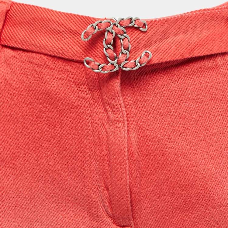 Pre Owned Chanel Coral Red Cotton textured Shorts S