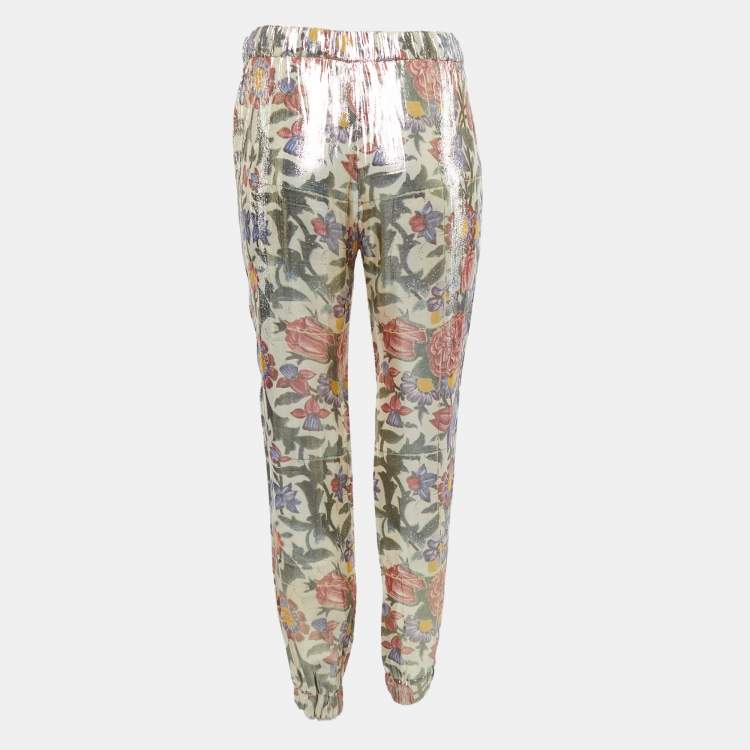 Pre Owned Chanel Gold Floral Metallic Lame Elastic Waist Pants S