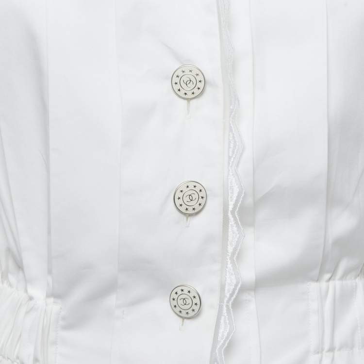 Pre Owned Chanel White Cotton Pleated & Gathered Button Front Blouse M