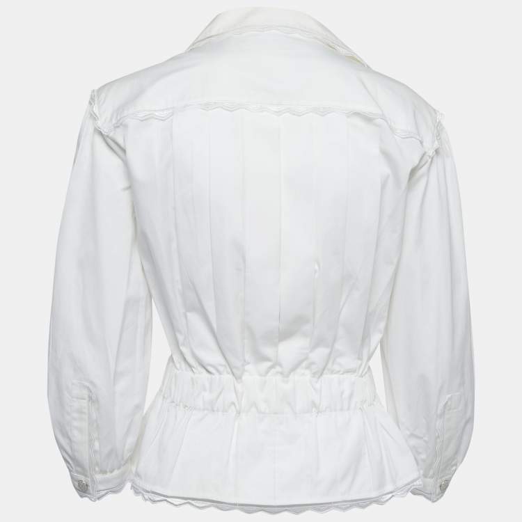 Pre Owned Chanel White Cotton Pleated & Gathered Button Front Blouse M
