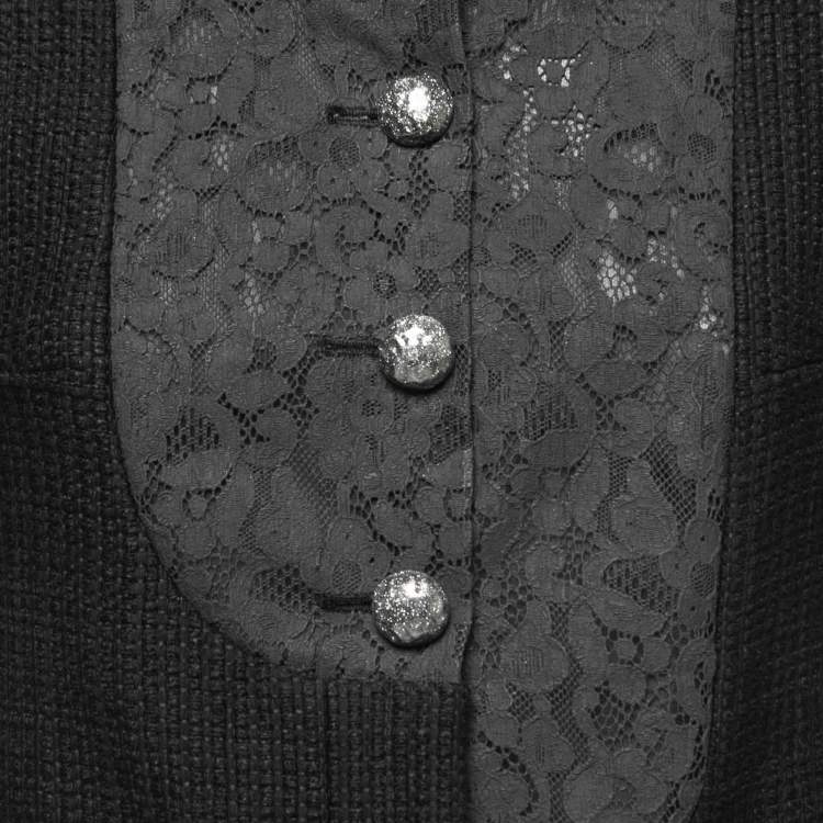 Pre Owned Chanel Black Cotton & Lace Button Front Collarless Jacket S
