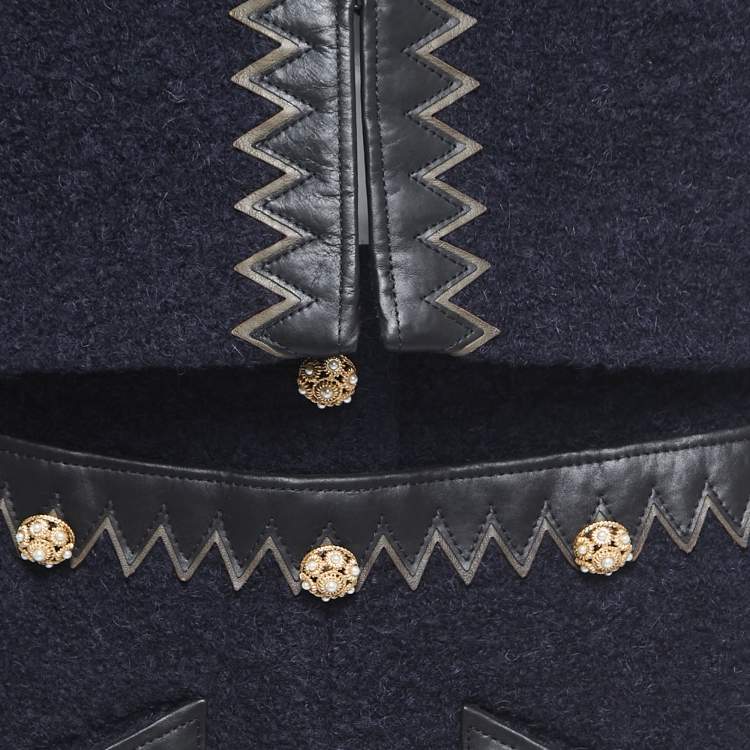 Pre Owned Chanel Navy Blue Boucle Wool Leather Trimmed Salzburg Skirt Suit L/M