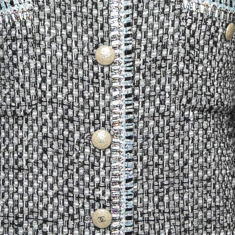 Pre Owned Chanel Blue/Black Tweed Mid-Length Coat M