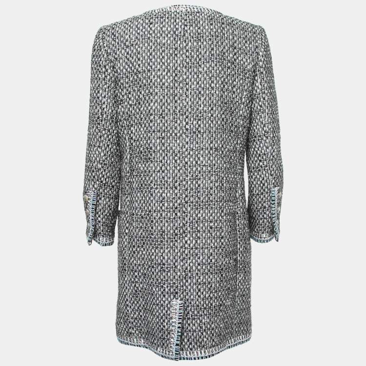 Pre Owned Chanel Blue/Black Tweed Mid-Length Coat M
