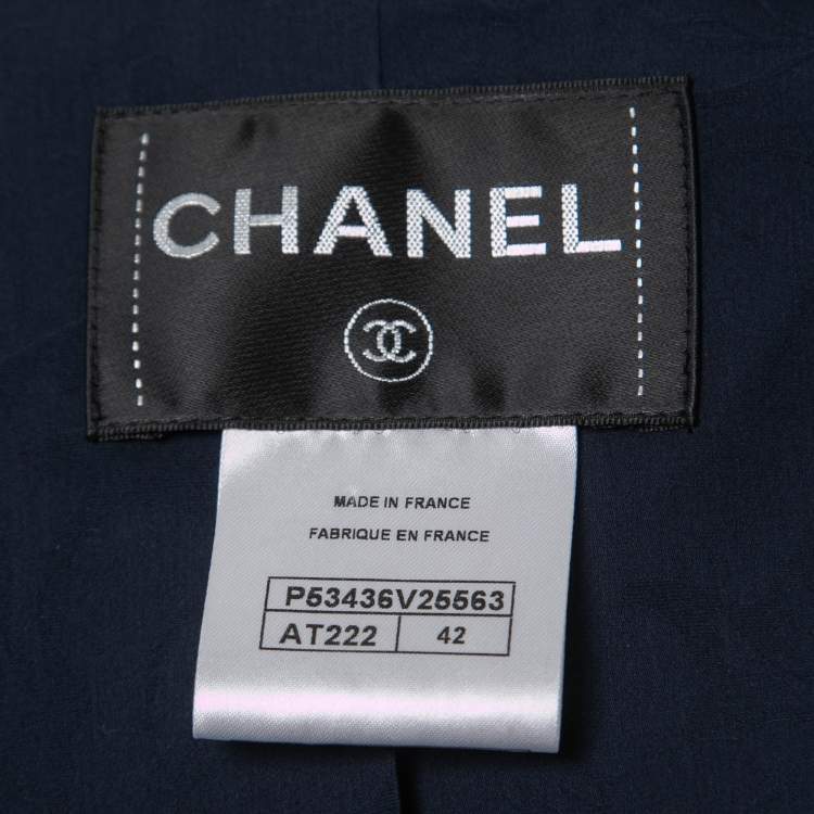 Pre Owned Chanel Navy Blue Terry Calfskin Trimmed Mid-Length Coat L