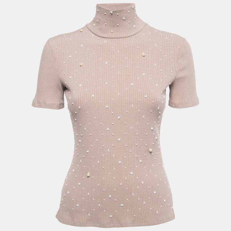 Chanel Pink Rib Knit Pearl Embellished High Neck Top M Chanel | The Luxury Closet