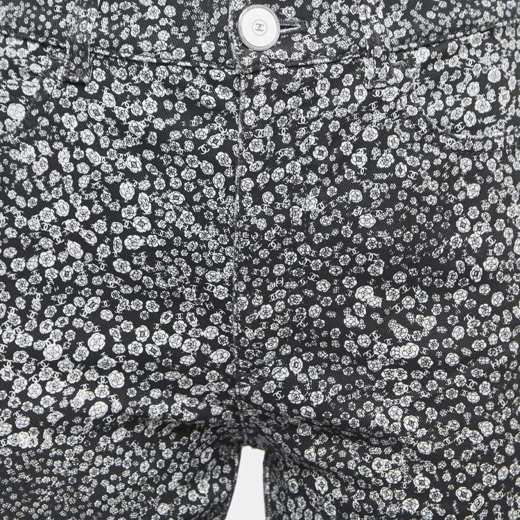 Pre Owned Chanel Black Camelia Printed Denim Jeans M Waist 28"