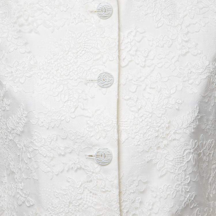 Pre Owned Chanel White Floral Lace Buttoned Jacket M