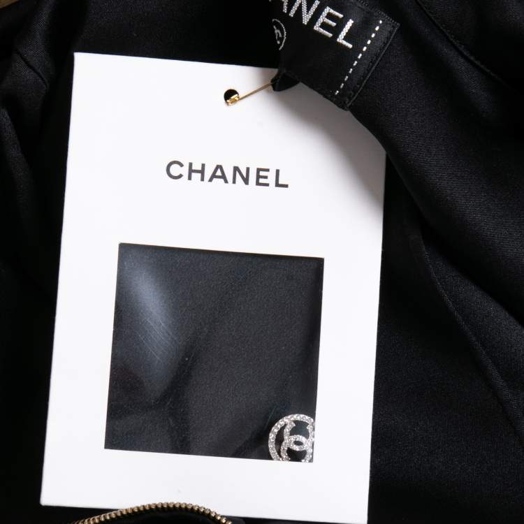Pre Owned Chanel Black Satin Silk Zip Front Long Sleeve Blouse M