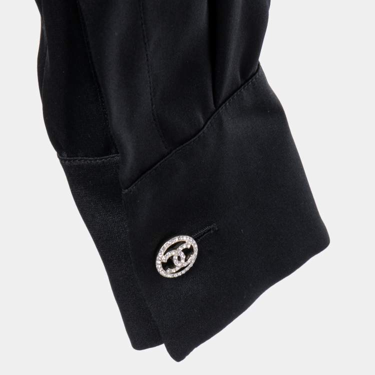 Pre Owned Chanel Black Satin Silk Zip Front Long Sleeve Blouse M