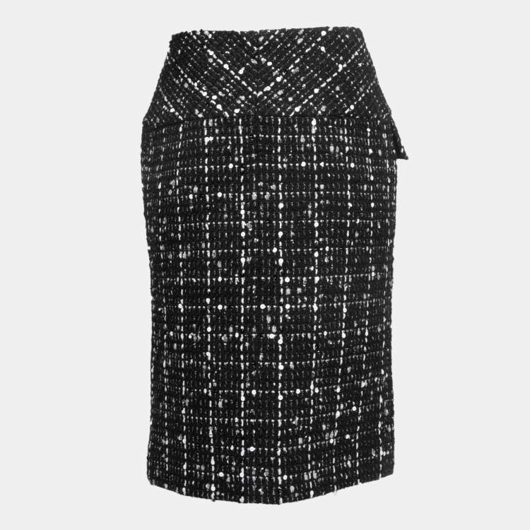 Pre Owned Chanel Black/White Sequined Tweed Skirt S
