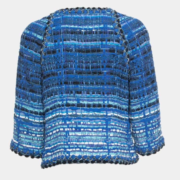 Pre Owned Chanel Blue Ribbon & Tweed Owl Button Jacket L