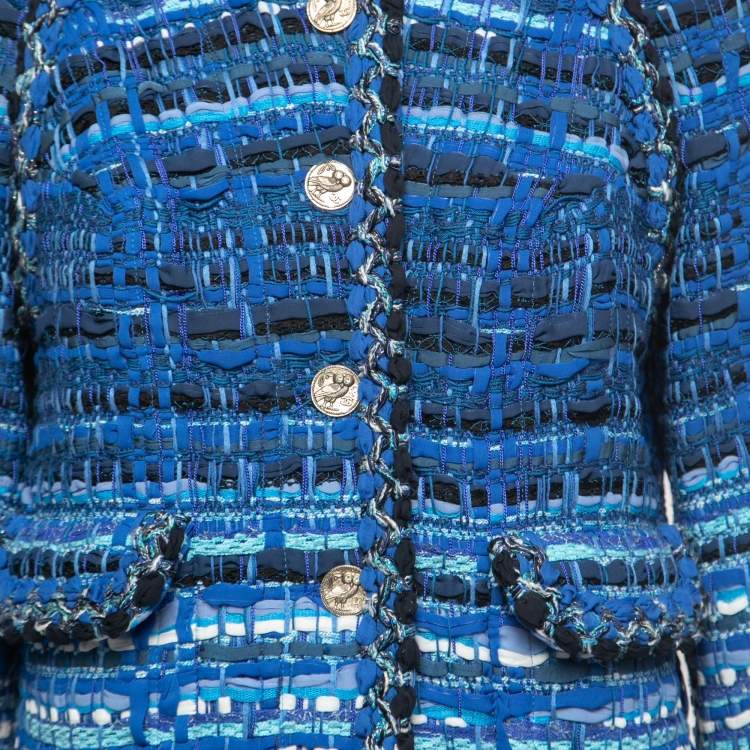 Pre Owned Chanel Blue Ribbon & Tweed Owl Button Jacket L