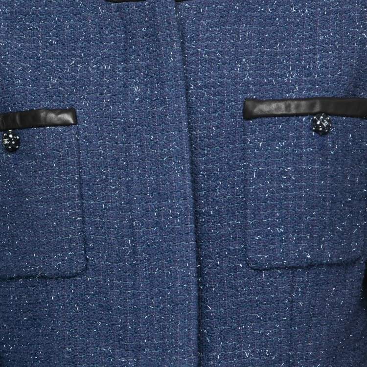 Pre Owned Chanel Blue/Metallic Tweed Lambskin Trimmed Cropped Jacket XL