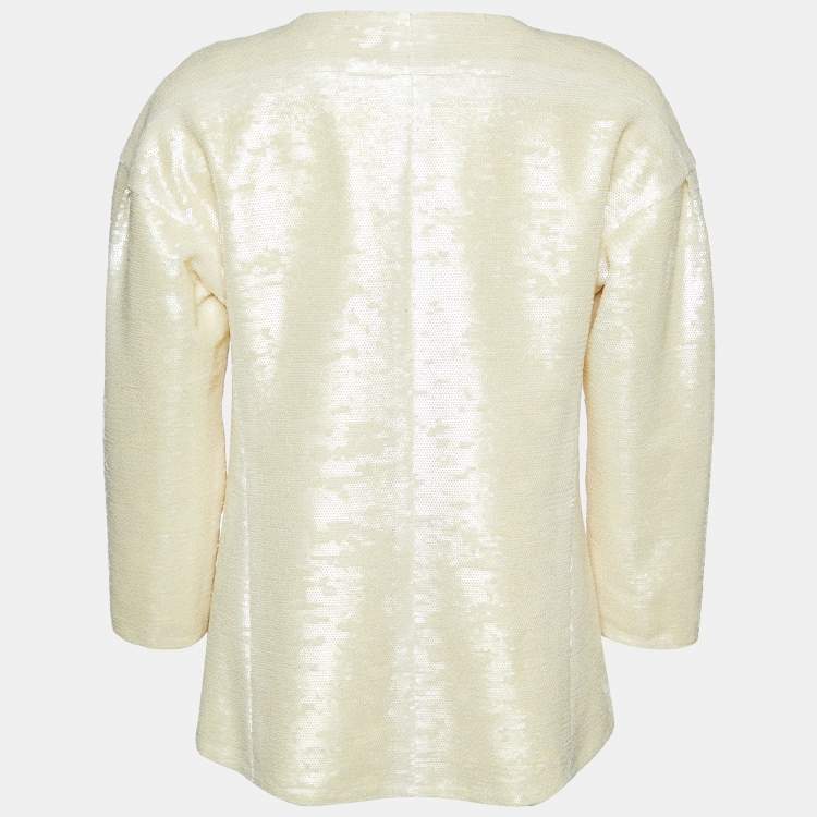 Pre Owned Chanel Cream Sequinned Polyester Button Front Jacket L