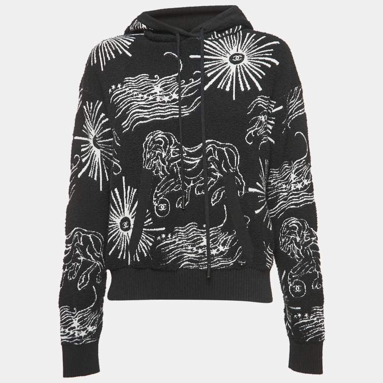 Pre Owned Chanel Black Patterned Cotton Terry Hooded Sweatshirt S