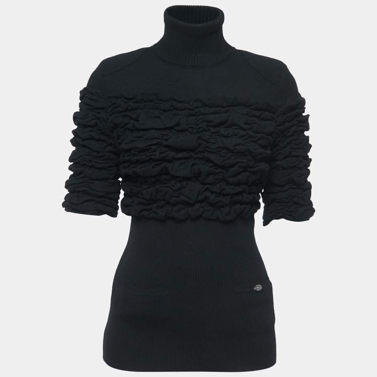 Pre Owned Chanel Black Wool Shirred Turtle Neck Sweater Top S