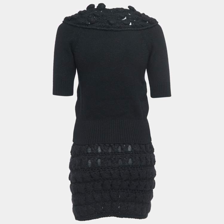 Pre Owned Chanel Black Cashmere Wool Knit Top & Skirt Set S