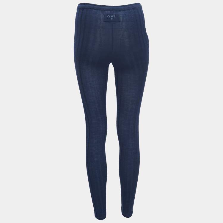 Pre Owned Chanel Blue Ribbed Knit Leggings XS