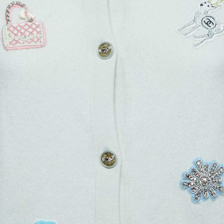 Pre Owned Chanel Pastel Green Cashmere Lucky Charms Buttoned Cardigan XL