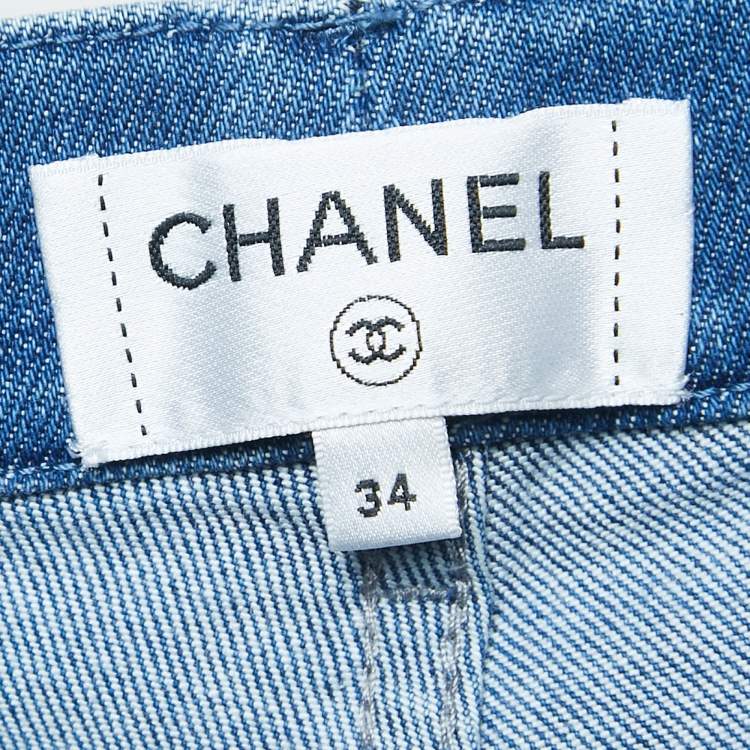Pre Owned Chanel Blue Embossed Logo Denim Jeans S Waist 24"